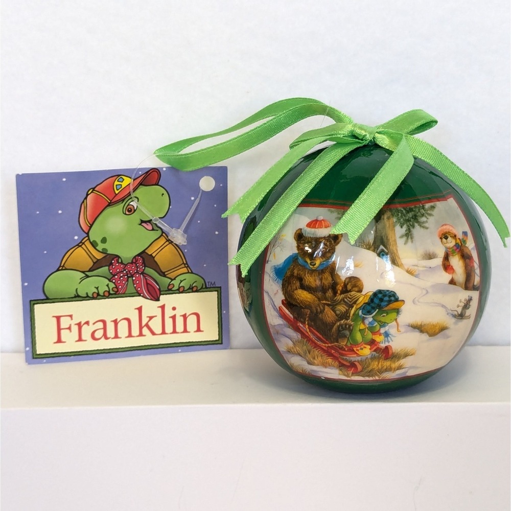 Franklin Turtle Christmas Tree Ornament Green Ball Sledding Winter Scene w/Tag